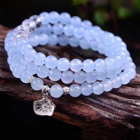 Blue Crystal Bracelets Round Beads Lucky with Silver Flower Pendant